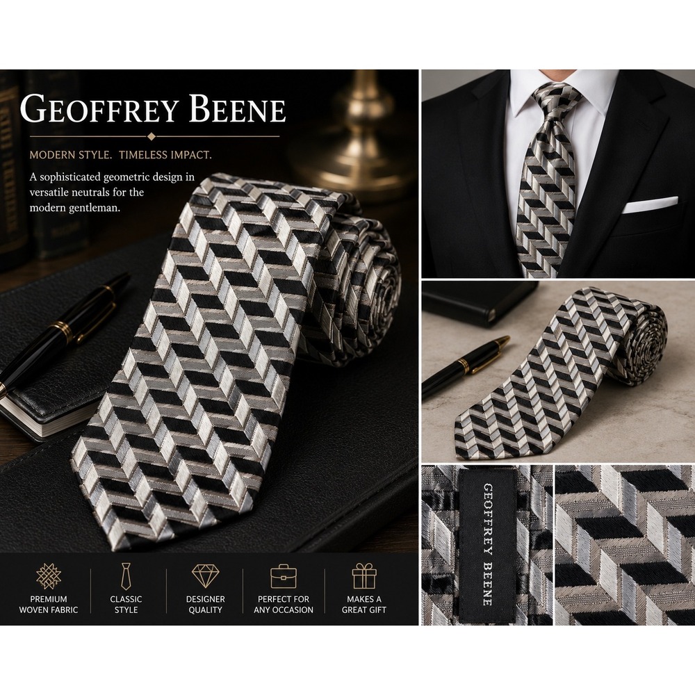 Geoffrey Beene Men's Geometric Necktie Black Gray Silver Woven Designer Tie